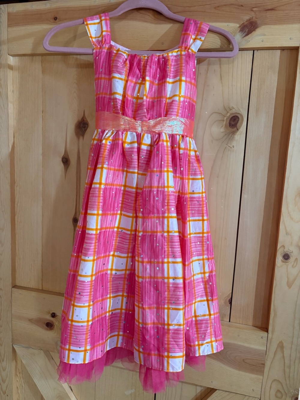 Dollie & Me Fuchsia, Orange, & White Plaid Dress with Tie Waistband
